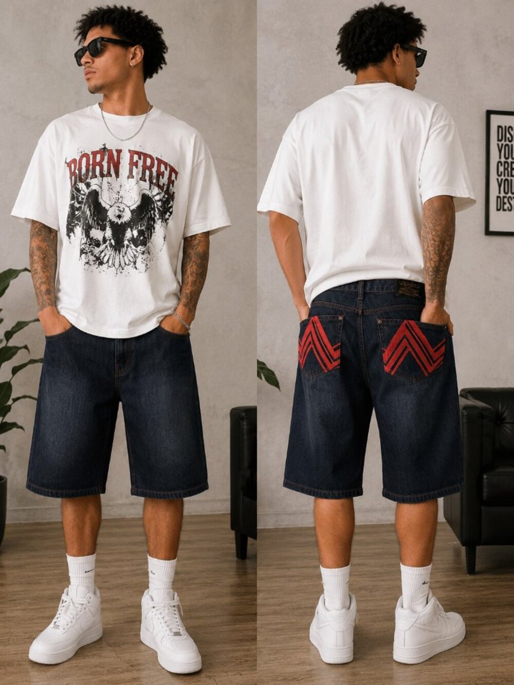 NBN Gear Dark Wash Red Embroidered Pocket Cotton Denim Jean Shorts Mens Size 40